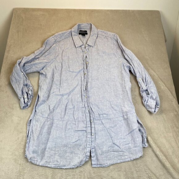 Tahari Womens Shirt US 2X EU 48/50 100% Linen Blue Button-Front Collared Tunic - Picture 10 of 10